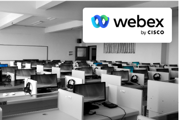 Webex logo over photo of office with computeres